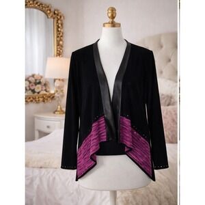 Ming Wang Cardigan Sweater Jacket Black Faux Leather Trim Open Front Size PS